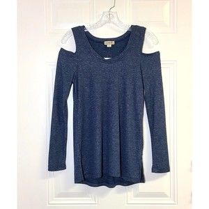 One World Cold Shoulder Blue Stretch Long Sleeve Womens S Side Slit Scoop Neck